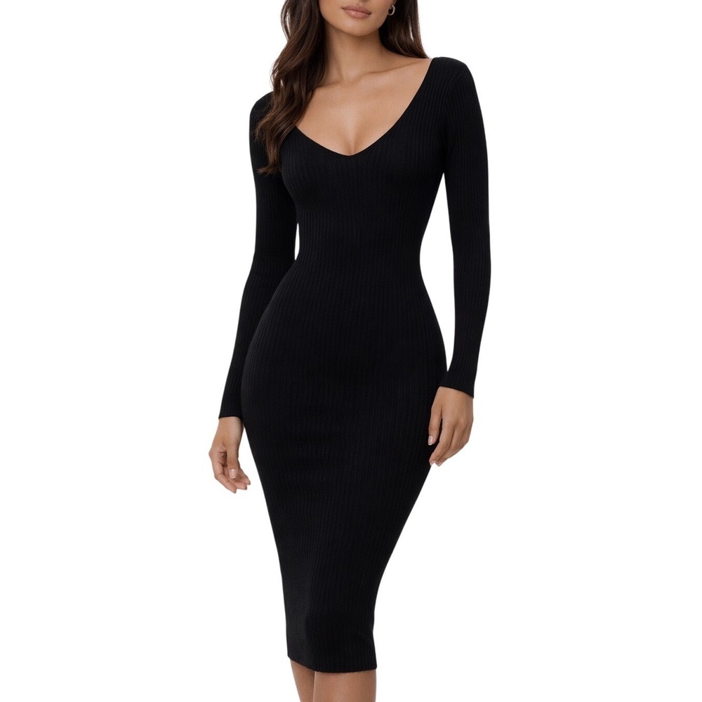 Hera Collection Medium Dress Black Midi Long Sleeve Ribbed Knit V‎ Neck Witchy